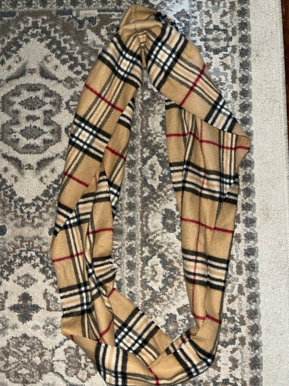 V. FRAAS Camel Plaid Infinity Scarf with Black & Red Stripes